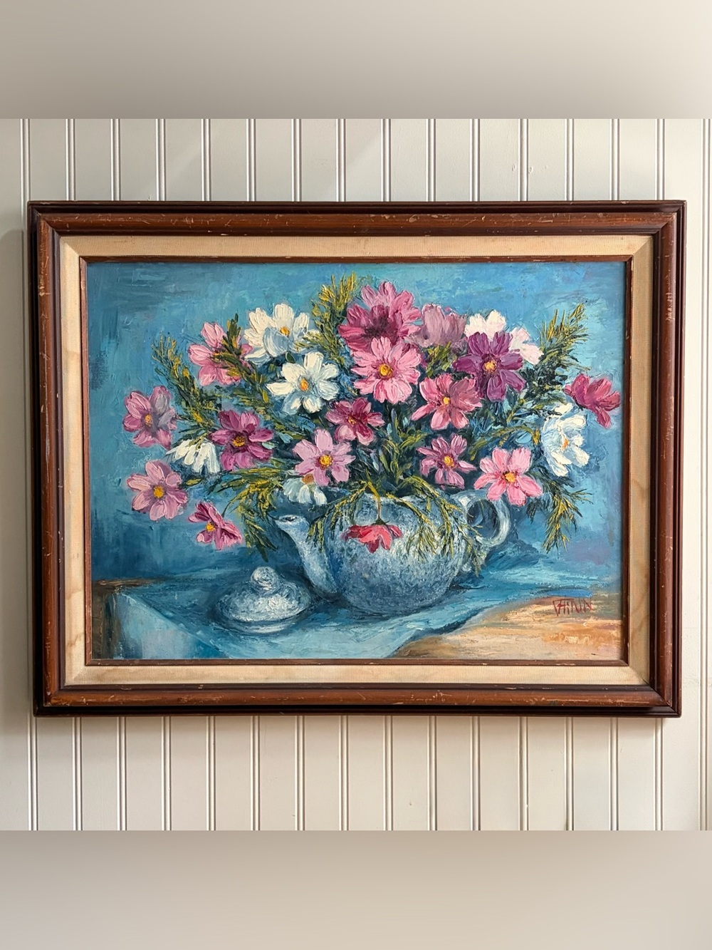 Vintage Velda Flinn Floral Still Life Original Impasto Oil Painting Flowers VTG